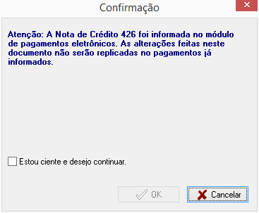 Alerta exibido ao marcar uma nota de crédito com itens de pagamento eletrônico como não conferida