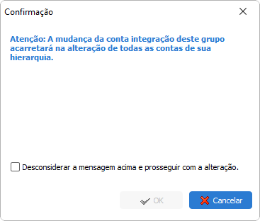 Mensagem exibida durante o cadastro de conta de integração para um subgrupo