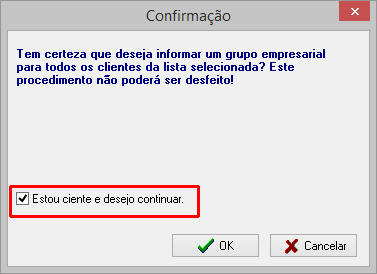 Mensagem de confirmação para exportação da lista de grupos