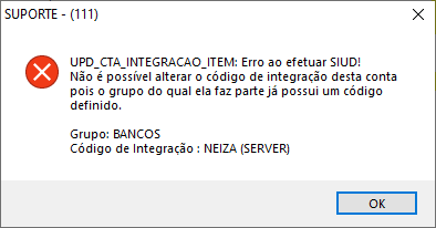 Mensagem de erro exibida durante tentativa de alteração de uma conta integração de uma conta que faz parte de um subgrupo com conta de integração definida