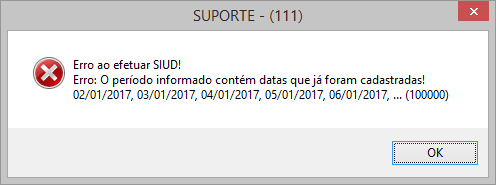 Tela com alerta dos dias que não foram cadastrados no período que compreende o calendário