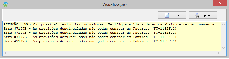 Mensagem de erro exibida ao tentar desfazer um desvinculo que está inserido em documento