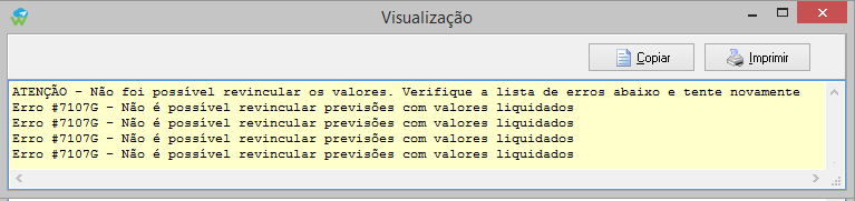 Mensagem de erro exibida ao tentar desfazer um desvinculo que já está liquidado