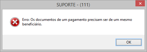 Mensagem de erro durante a tentativa de inclusão de nota de crédito para beneficiários diferentes.