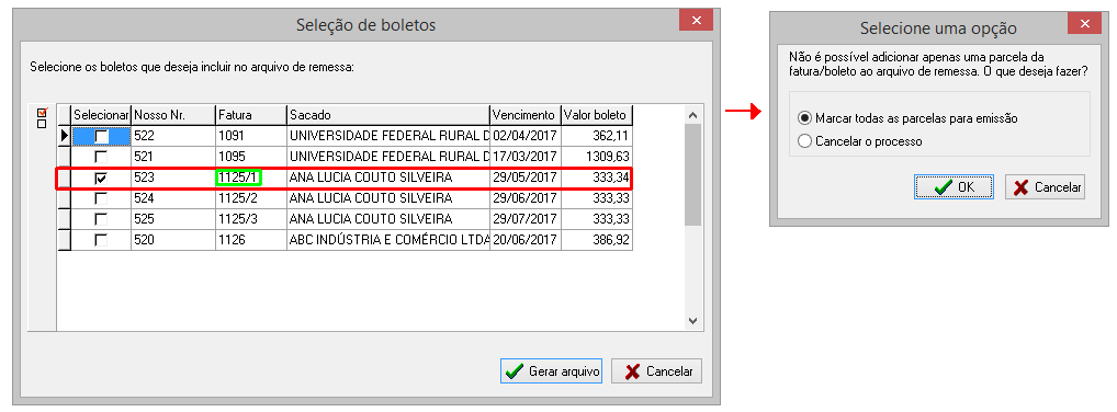 Mensagem erro ao tentar gerar remessa