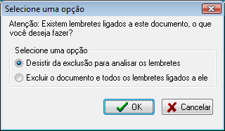 Mensagem de exclusão de cotação com lembretes