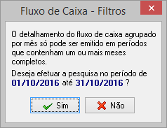 Tela de filtros para exibir o fluxo de caixa