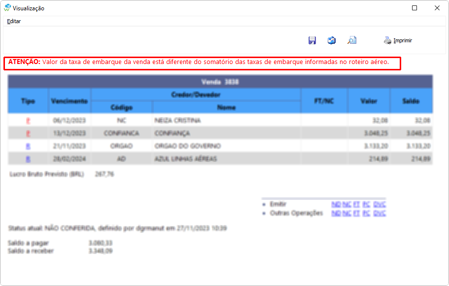 Mensagem de alerta no resumo da venda para somatório da taxa do roteiro diferente da taxa da tela da venda