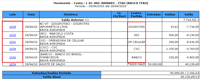 Tela de movimento após baixa agrupada individualmente