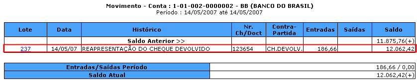 Tela exibindo o movimento de reapresentação de cheque devolvido