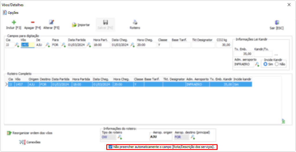 Campo para não preencher automaticamente o campo [Rota/Descrição dos serviços]
