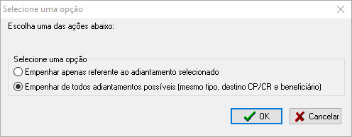 Tela de opções de selecionar Adiantamento