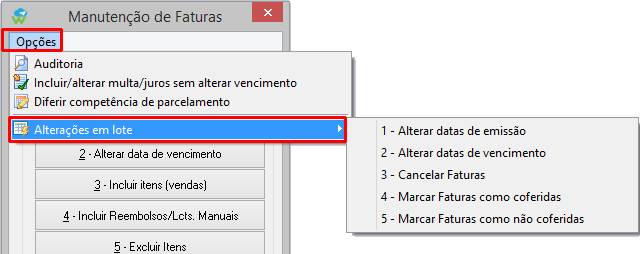 Opções disponíveis para alteração em lote