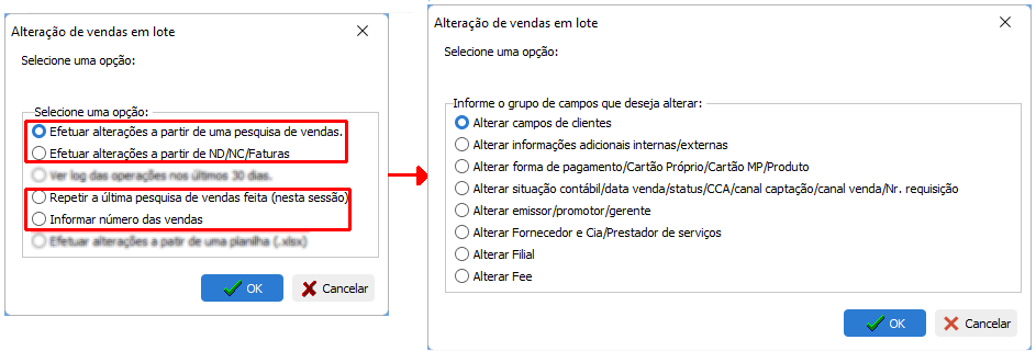 Tela com as op&ccedil;&otilde;es dispon&iacute;veis para sele&ccedil;&atilde;o dos campos a serem alteraados nas vendas