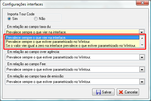 Opções para as configurações de interface com relação aos campos de venda du,over, fee, taxas de emissão e matrícula/pax.