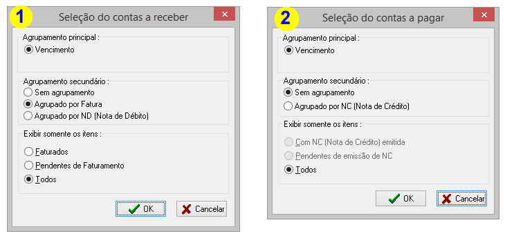 Telas com as opções de agrupamento para exibir a listagem das previsões a receber e a pagar.