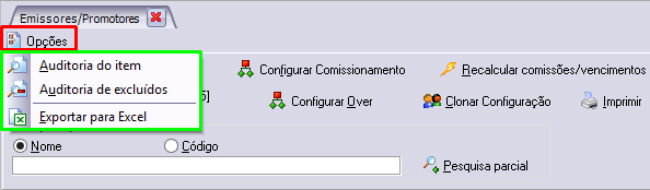 Acesso a auditoria e exportação das parametrizações configuradas para Excel.
