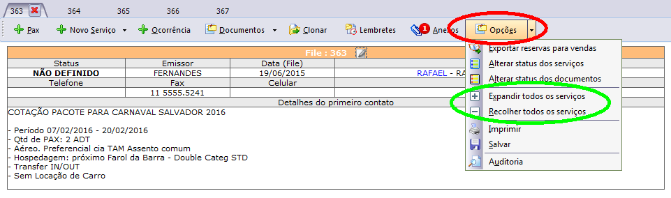 Opção para expandir ou recolher todas as guias do atendimento