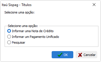 Tela de seleção de opções para informar a nota de crédito ou pagamento unificado no pagamento