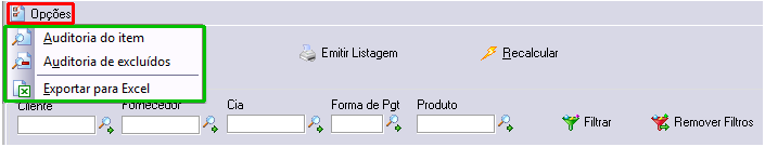 Acesso a auditoria e exportação das parametrizações configuradas para Excel.