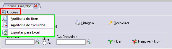 Acesso a auditoria e exportação das parametrizações configuradas para Excel.