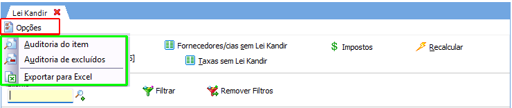 Acesso a auditoria e exportação das parametrizações configuradas para Excel.