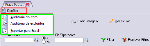 Acesso a auditoria e exportação das parametrizações configuradas para Excel.