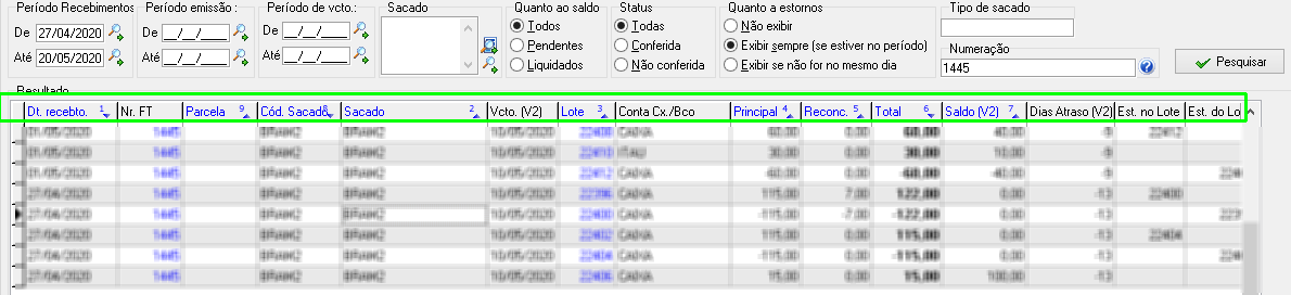 Resultado da pesquisa de recebimentos