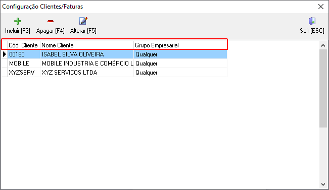 Ordenação de configuração pelo clique na coluna