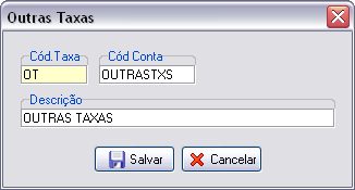 Cadastro de outras taxas