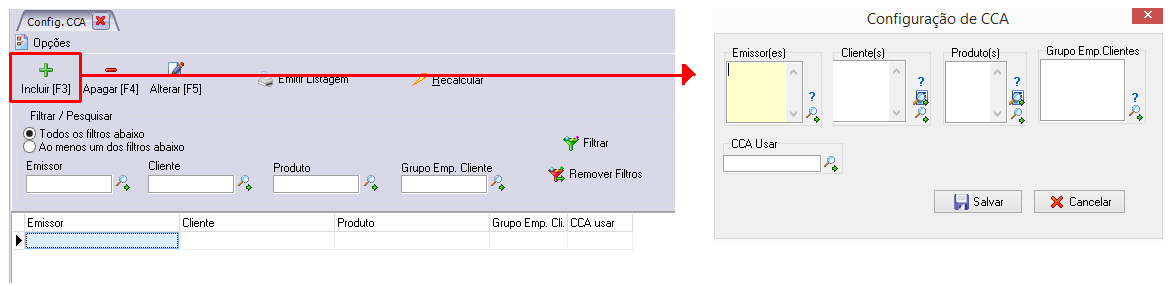 Opções de parametrização de CCA (Centro de custos da agência)