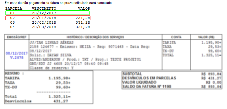 Exibição das parcelas com desvínculo