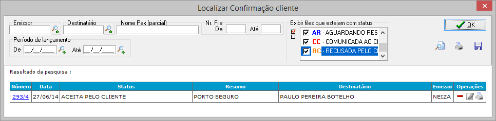 Pesquisa documento de confirmação ao cliente