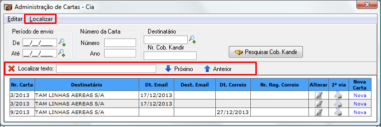 Administração de Cartas de cliente para controle do recebimento do DARF