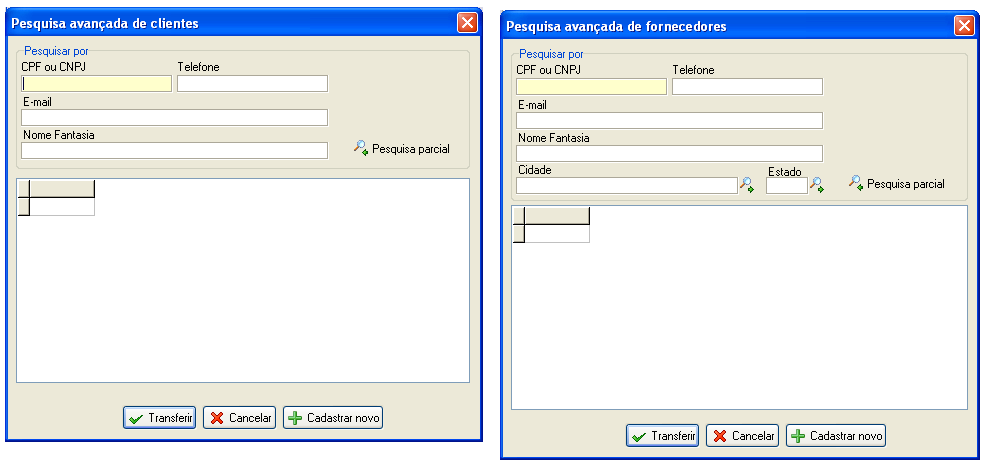 Janela de pesquisa avançada de clientes e Fornecedores