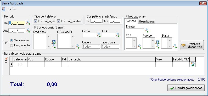 Tela exiibindo opções de pesquisa de contas a pagar/receber para baixa agrupada