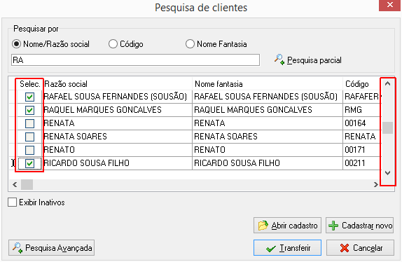 Pesquisa de clientes para inclusão nas listas