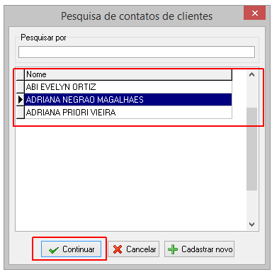 Selecionando o contato/dependente ou cliente físico que será incluído a nova grafia