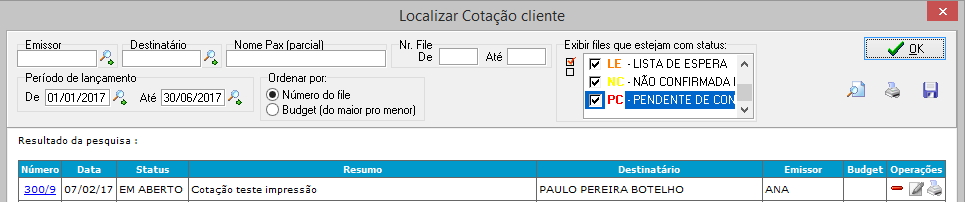 Pesquisa de cotação de clientes