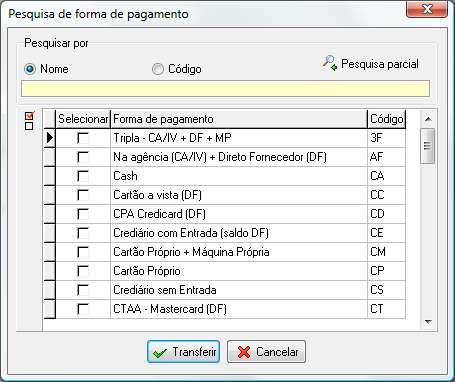 Tela para pesquisar e selecionar as formas de pagamento para exibir mapa de produção filtrando por Forma de pagamento de venda