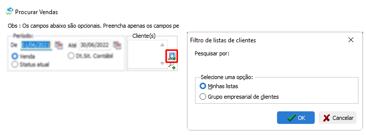 Filtro de lista de clientes e grupo empresarial de clientes