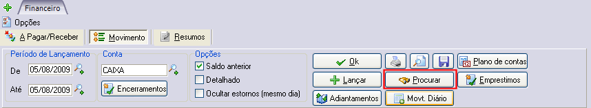 Tela destacando o botão de pesquisa de lotes/lançamentos quitados