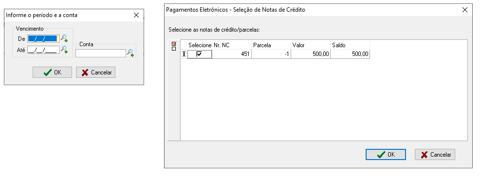 Pesquisa de nota de crédito para inclusão no pagamento eletrônico