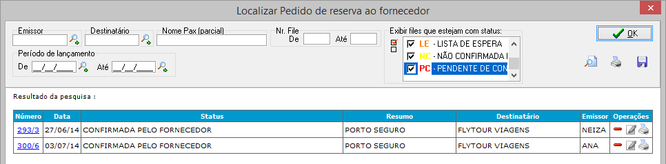 Pesquisa de pedido de reserva fornecedor