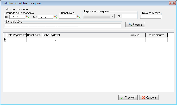 Pesquisa de boletos de pagamento cadastrados