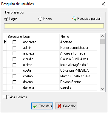 Tela pesquisa de usuários para o filtro usuário status
