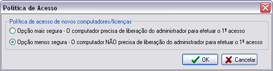 Opções disponíveis para a política de acesso das licenças