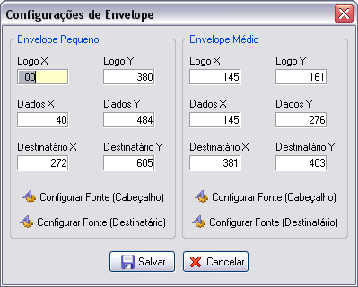 Configuração de posicionamento dos campos no envelope