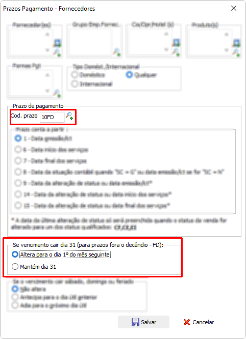 Imagem destacando o campo para configuração do vencimento quando este cair em um fim de semana