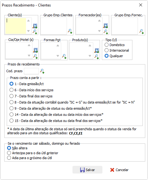 Prazos recebimento cliente